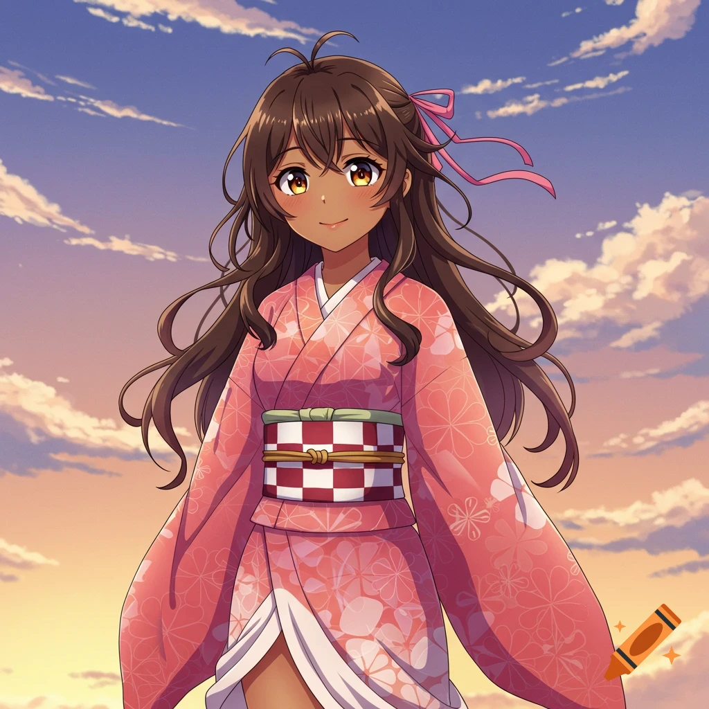 Anime girl with brown hair and tan skin in a pink kimono against a cloudy sky