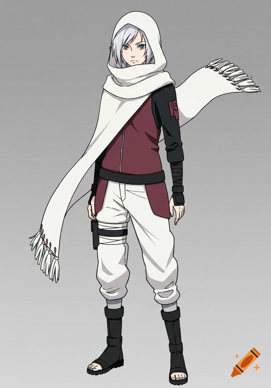 An anime character with white hair, blue eyes, white scarf, maroon jacket, and white pants.