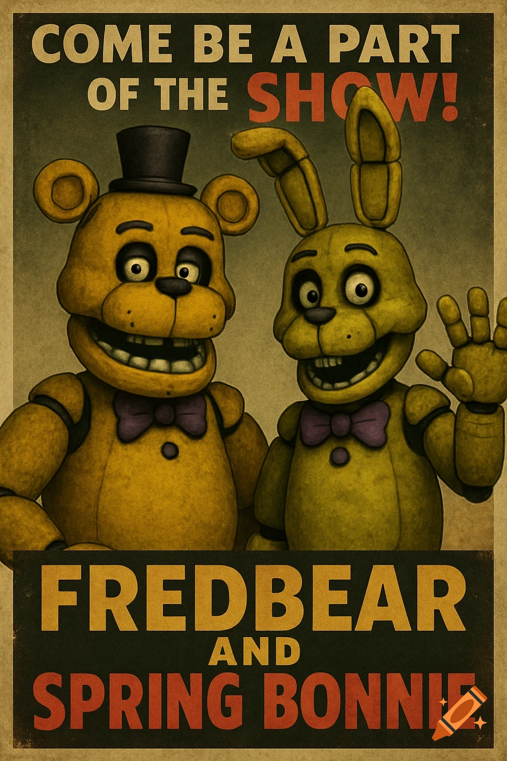 Vintage style poster of Five Nights at Freddy's characters Fredbear and Spring Bonnie with text 'COME BE A PART OF THE SHOW!'