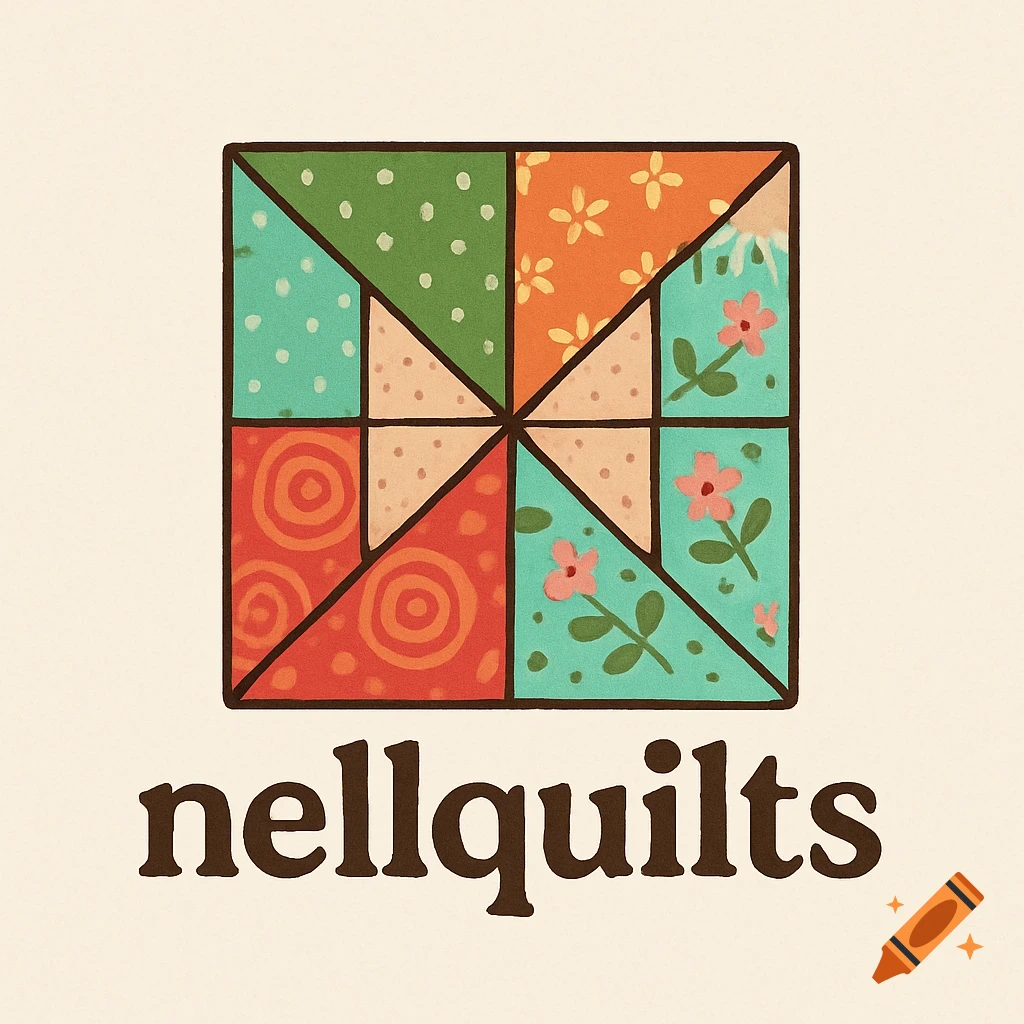 Logo for nellquilts featuring a colorful quilt block design above the text 'nellquilts'.