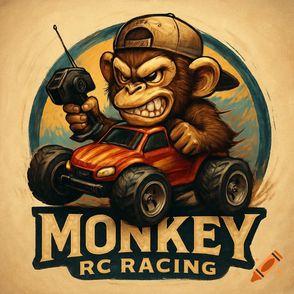 Stylized illustration of an angry monkey driving an orange RC truck and holding a remote control, with 'MONKEY RC RACING' text below.