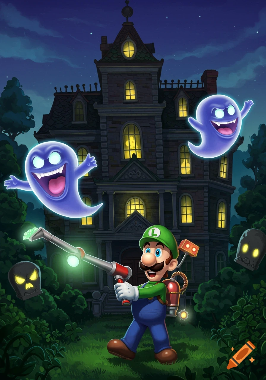 Luigi battles ghosts outside a spooky mansion.