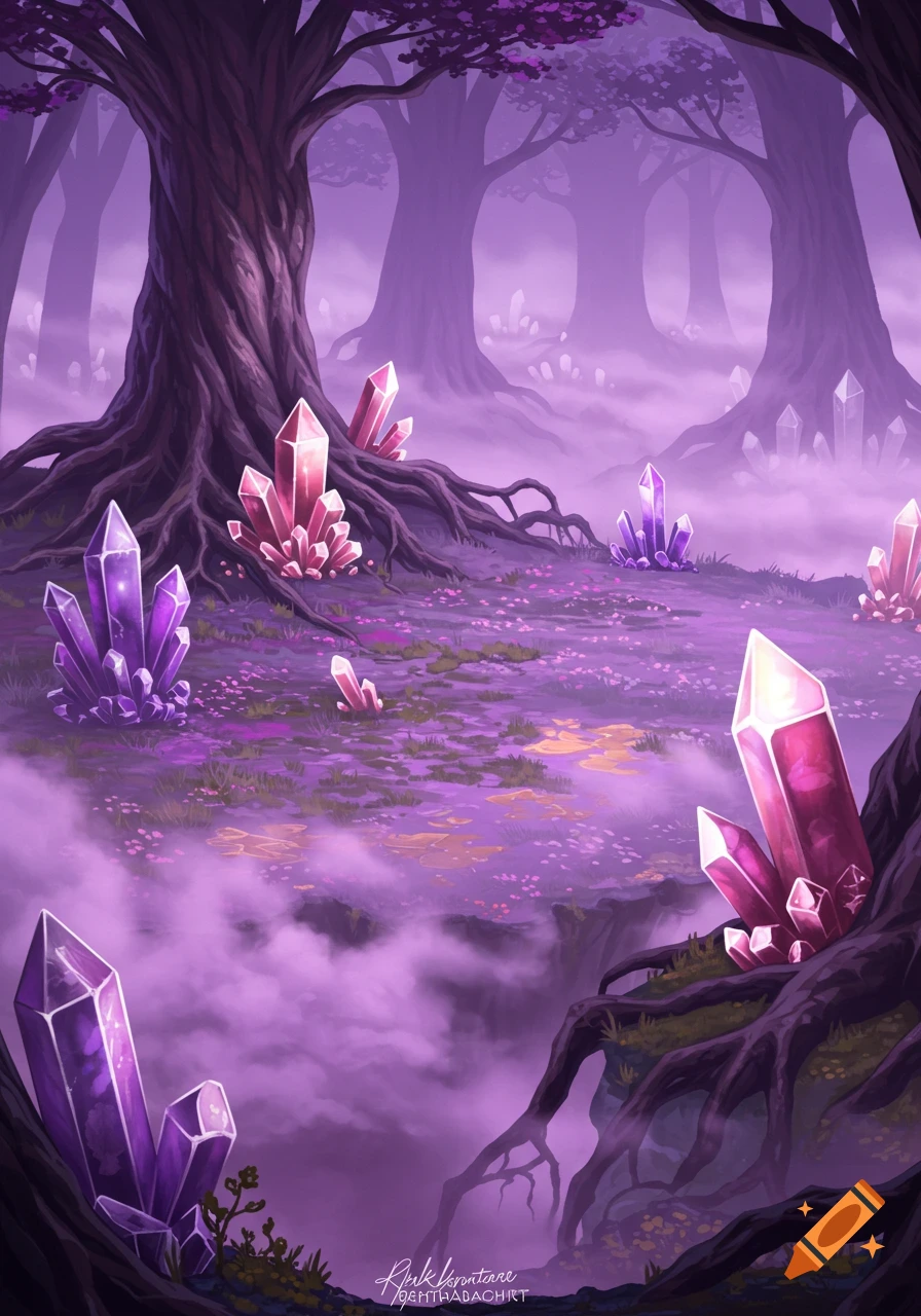 A fantasy forest with purple fog, large trees, and scattered pink and purple crystals.