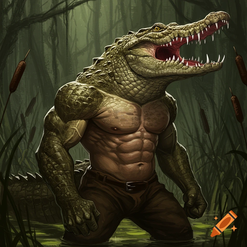 Muscular anthropomorphic crocodile standing in a swamp