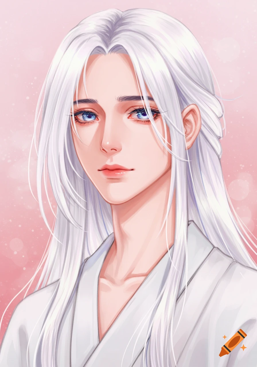 Portrait of a young male with long white hair and blue eyes in an anime style.