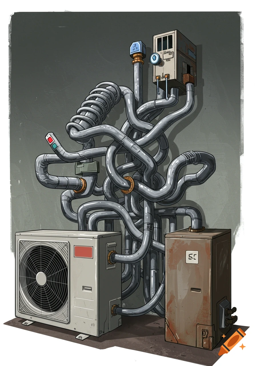 Illustration of tangled pipes connected to an air conditioner and other industrial machinery.