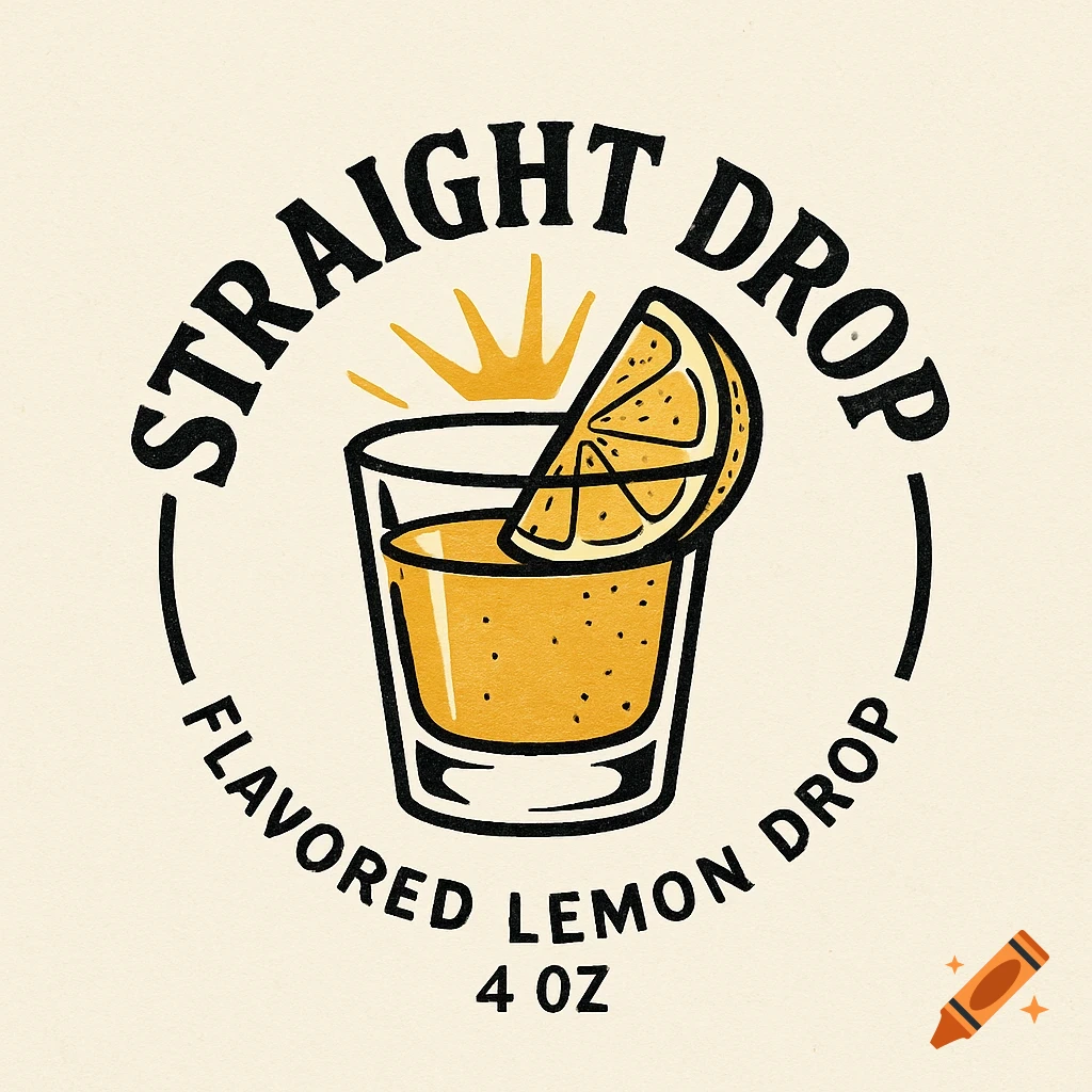 Logo illustration for Straight Drop lemon drink, featuring a glass with a lemon slice and text.