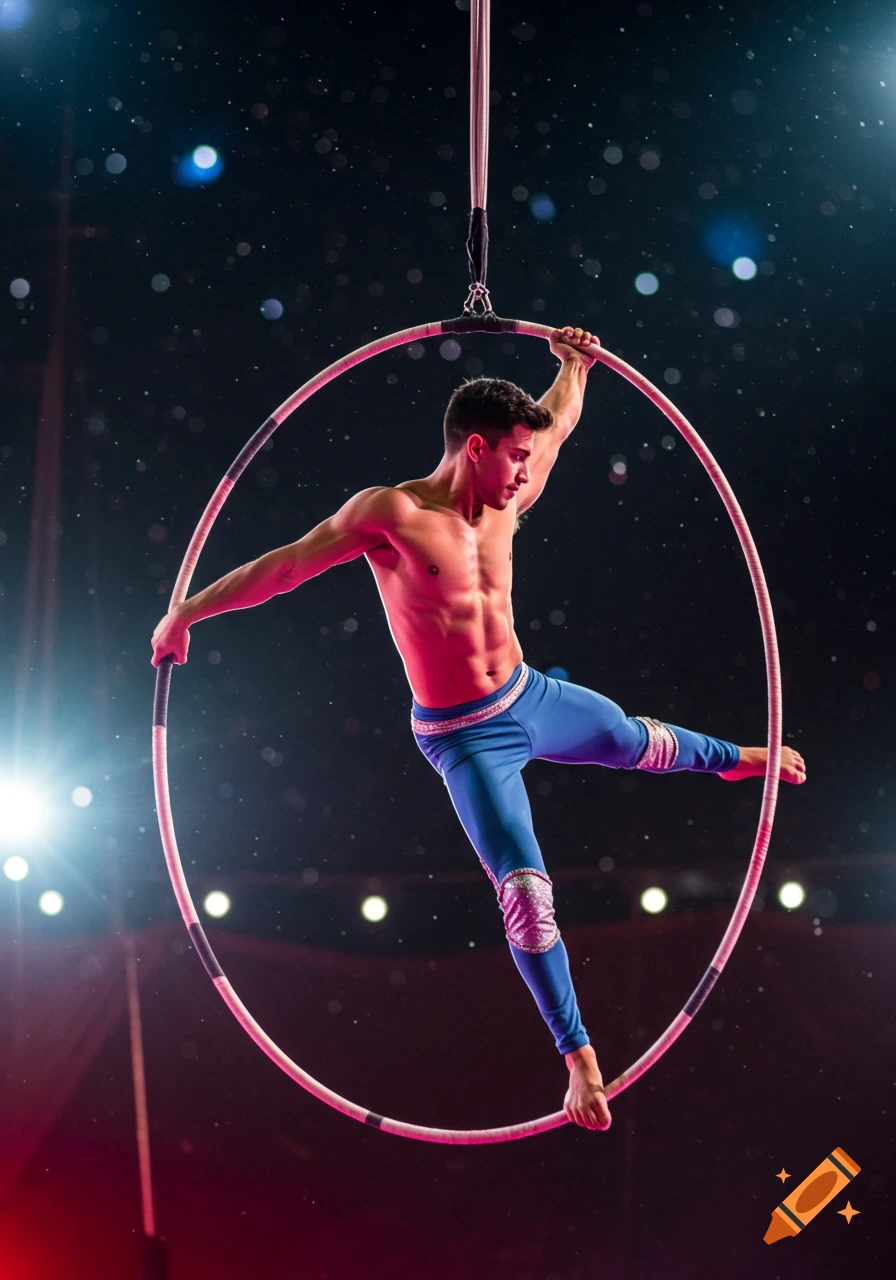 Male acrobat performs on an aerial hoop against a dark, lit background