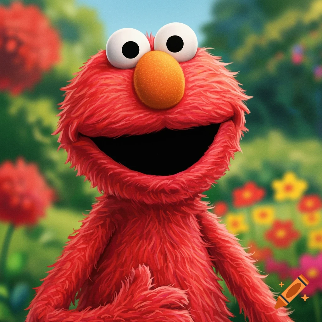 Elmo smiling happily in a sunny garden.