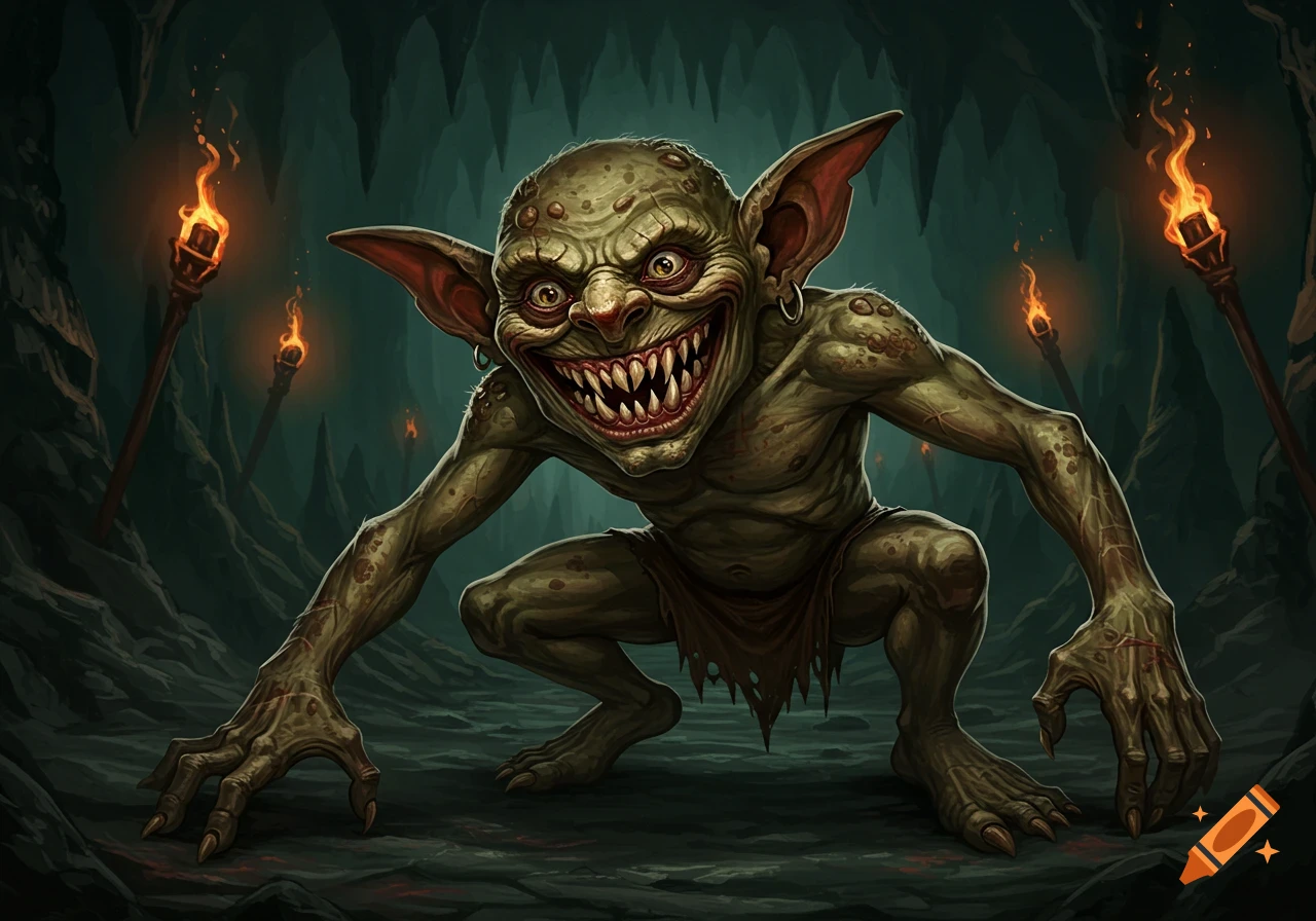Grotesque goblin with sharp teeth crouching in a dark cave with torches, digital illustration.