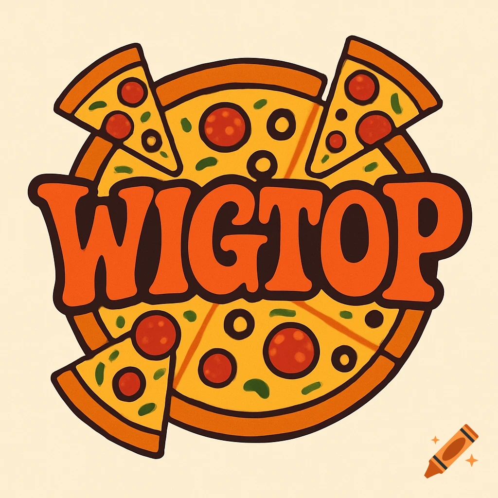 A pizza logo with the word WIGTOP in the center and slices of pizza around it in a vintage style.