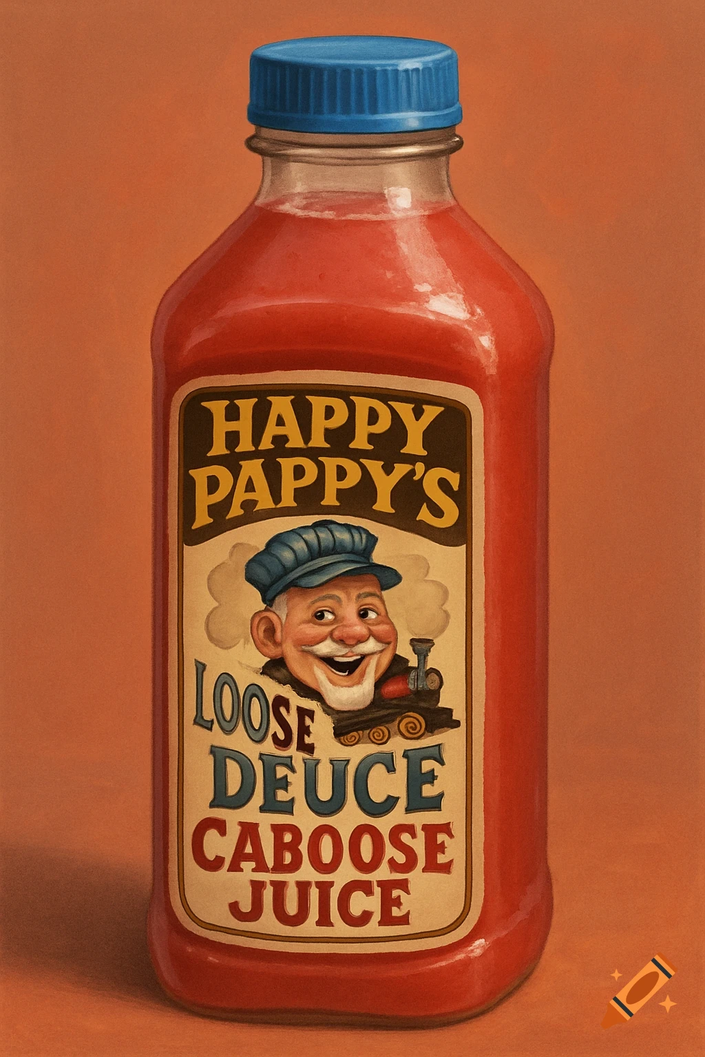 A bottle of Happy Pappy's Loose Deuce Caboose Juice with a label featuring a grinning man in a train conductor hat next to a small train engine.