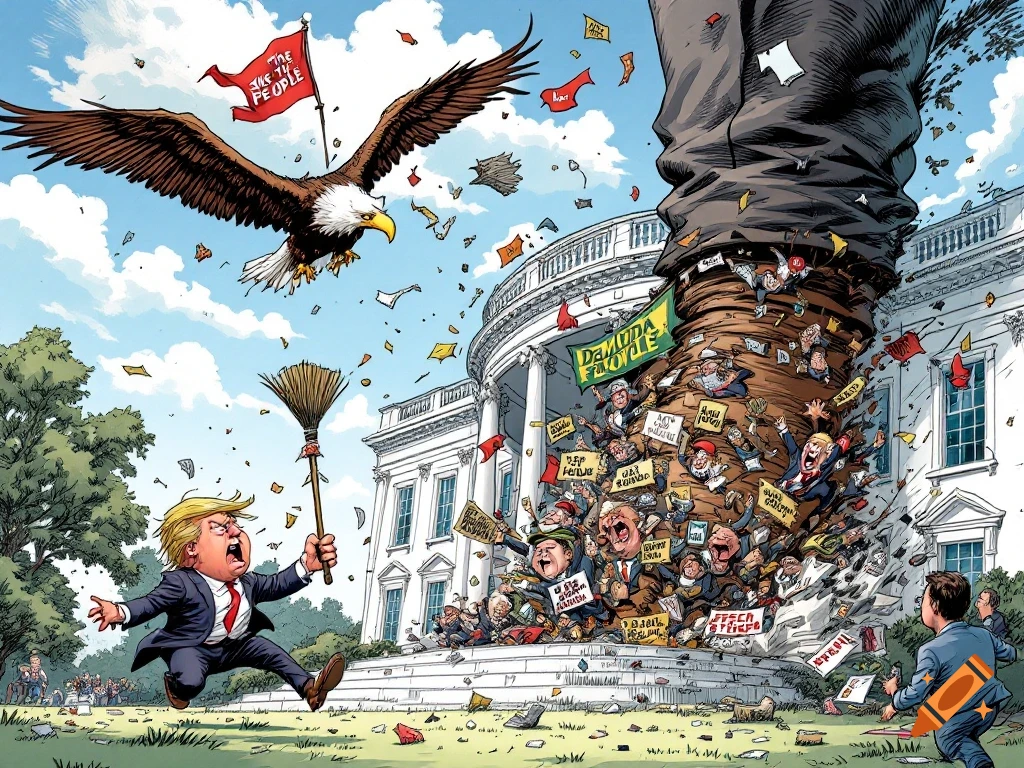 Political cartoon of a small figure resembling Donald Trump being swept away from the White House steps by a large broom held by a woman, with other figures and papers flying around him. An eagle flies overhead. Comic book style.