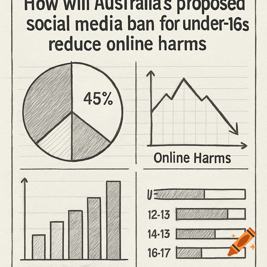Sketch style infographic with charts and text about Australia's proposed social media ban for under-16s.