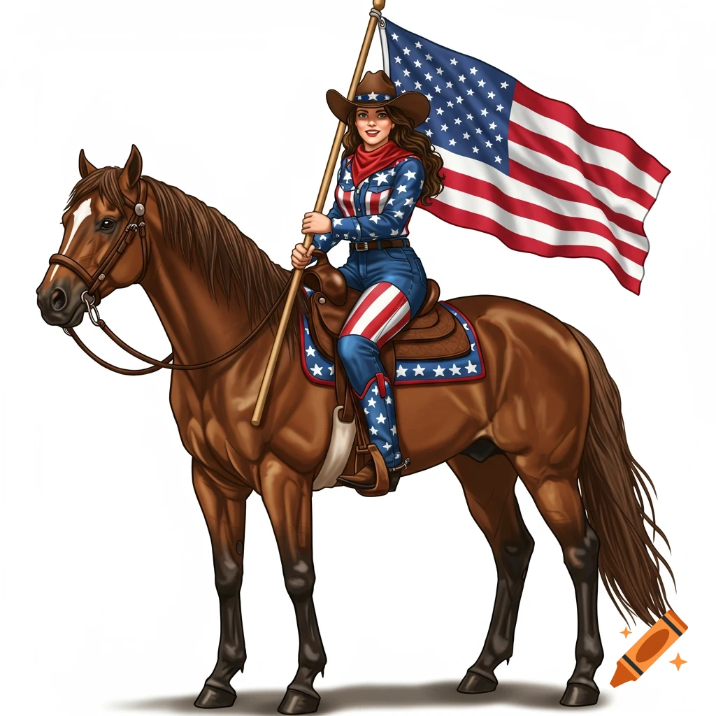A cowgirl on a horse holds an American flag in a patriotic illustration.