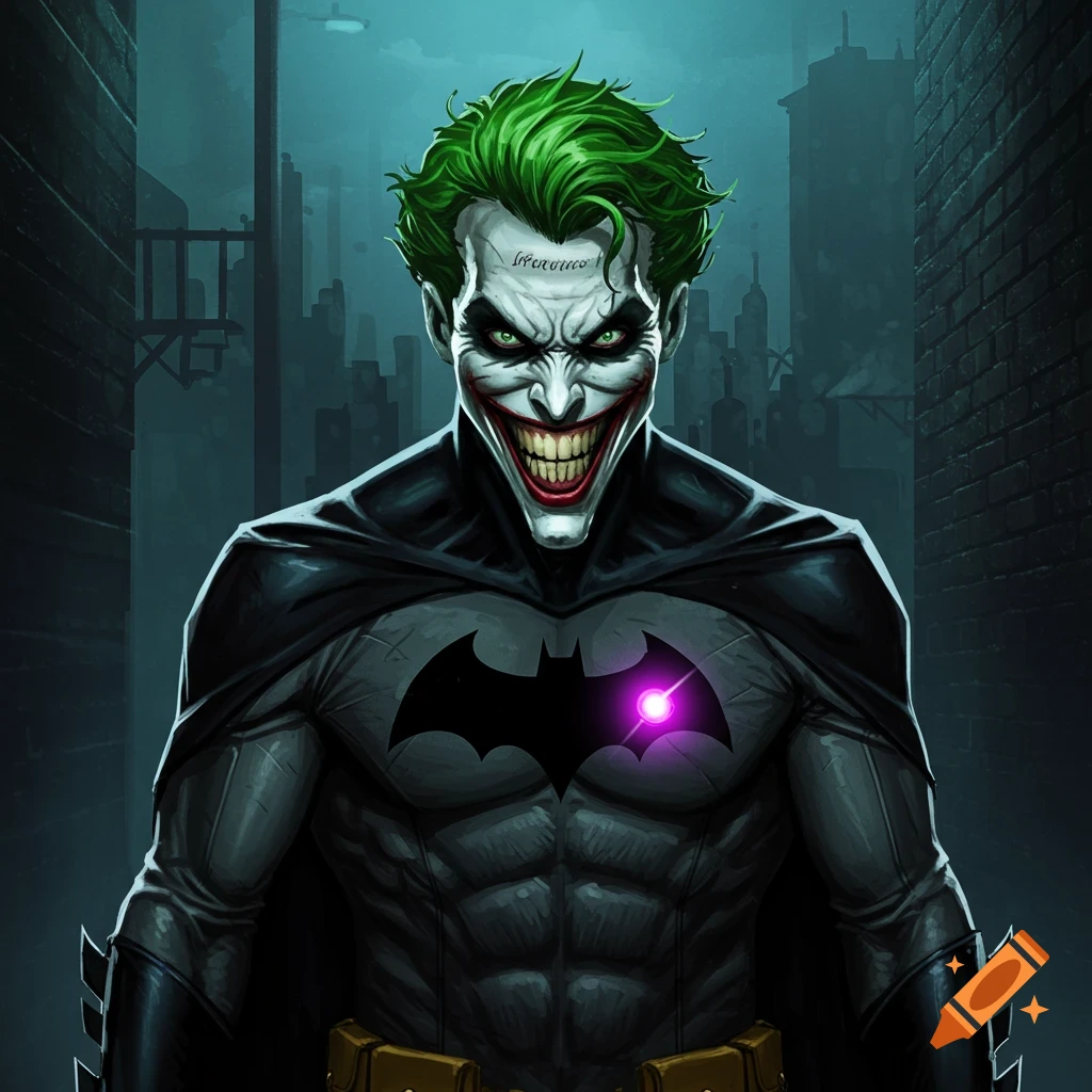 Comic book style illustration of the Joker dressed as Batman with a menacing grin, standing in a dark alley.