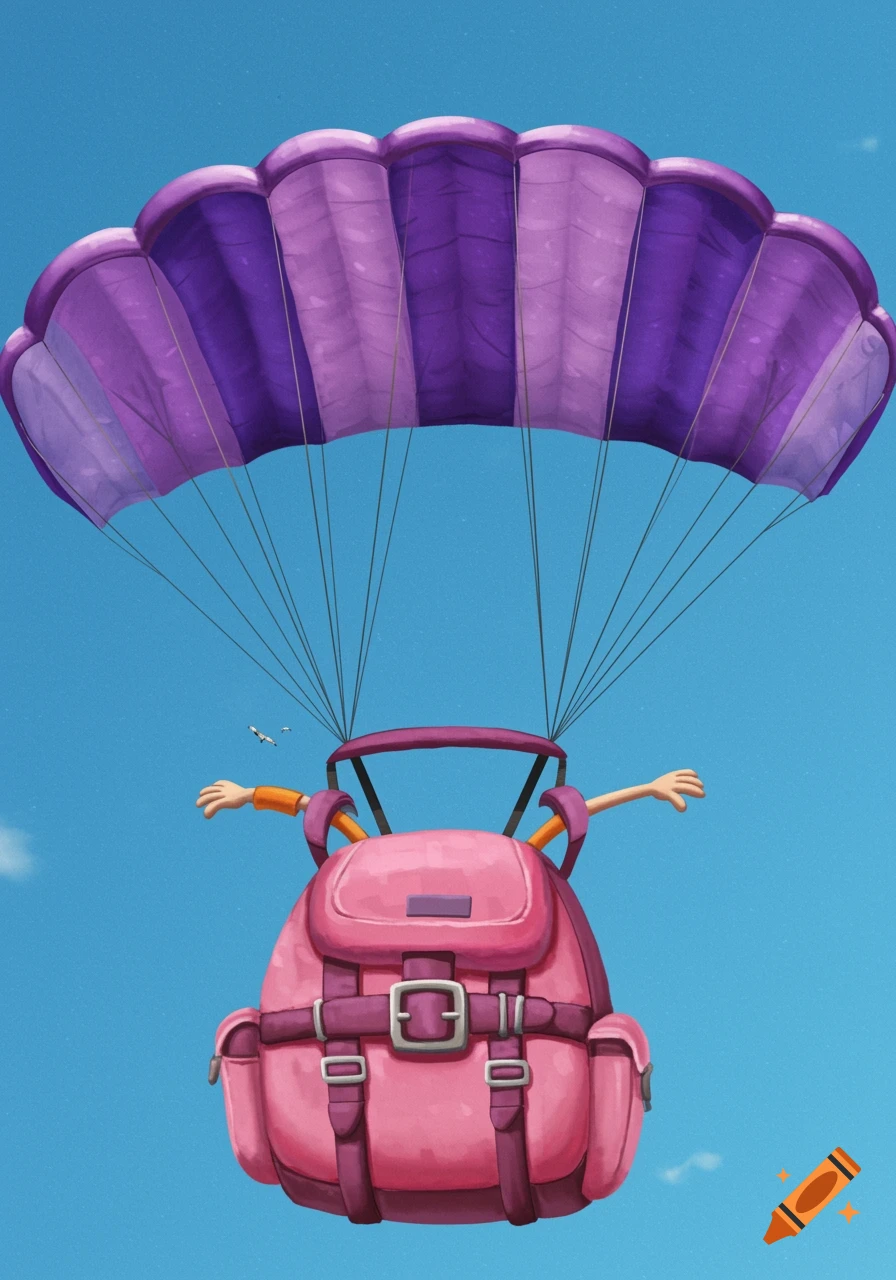 Cartoon character skydiving with a large pink backpack and purple parachute against a blue sky