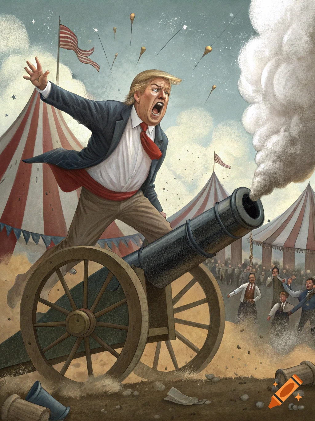 Illustration of a caricature of Donald Trump being shot from a cannon at a circus.