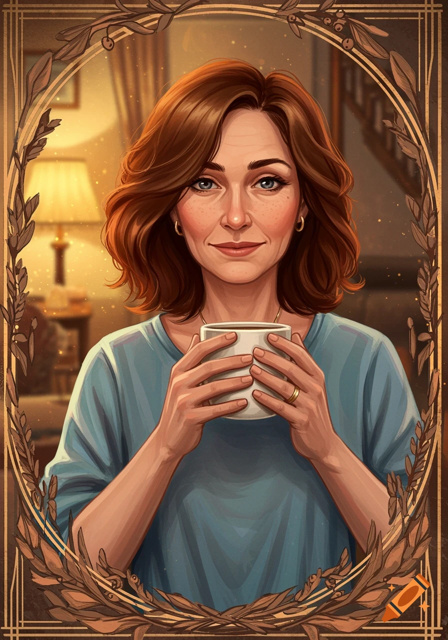 A woman with brown hair holds a mug, framed by a decorative border, in an artistic style.