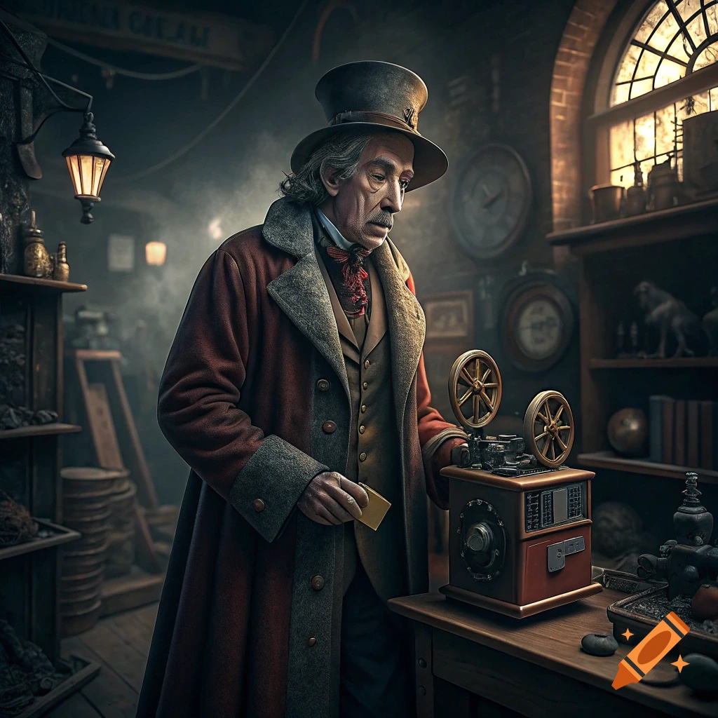 Older man in top hat and long coat looks at a steampunk-like machine in a dusty workshop.