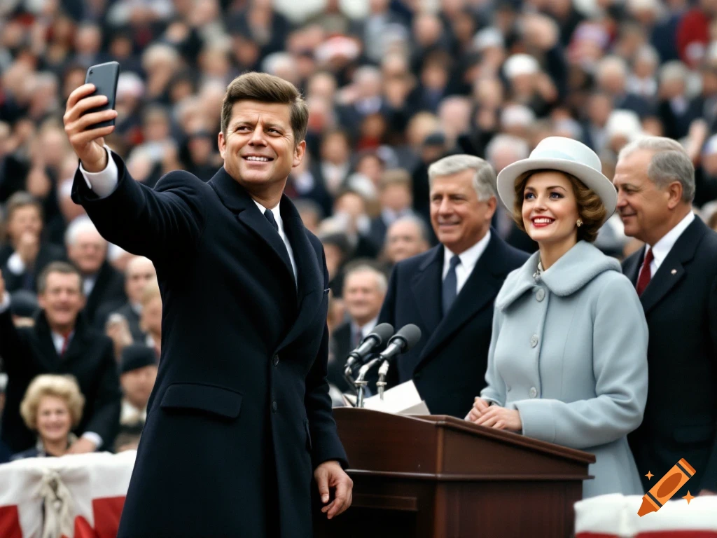 JFK taking a selfie with a smartphone at his presidential inauguration, with Jackie Kennedy and others smiling nearby.