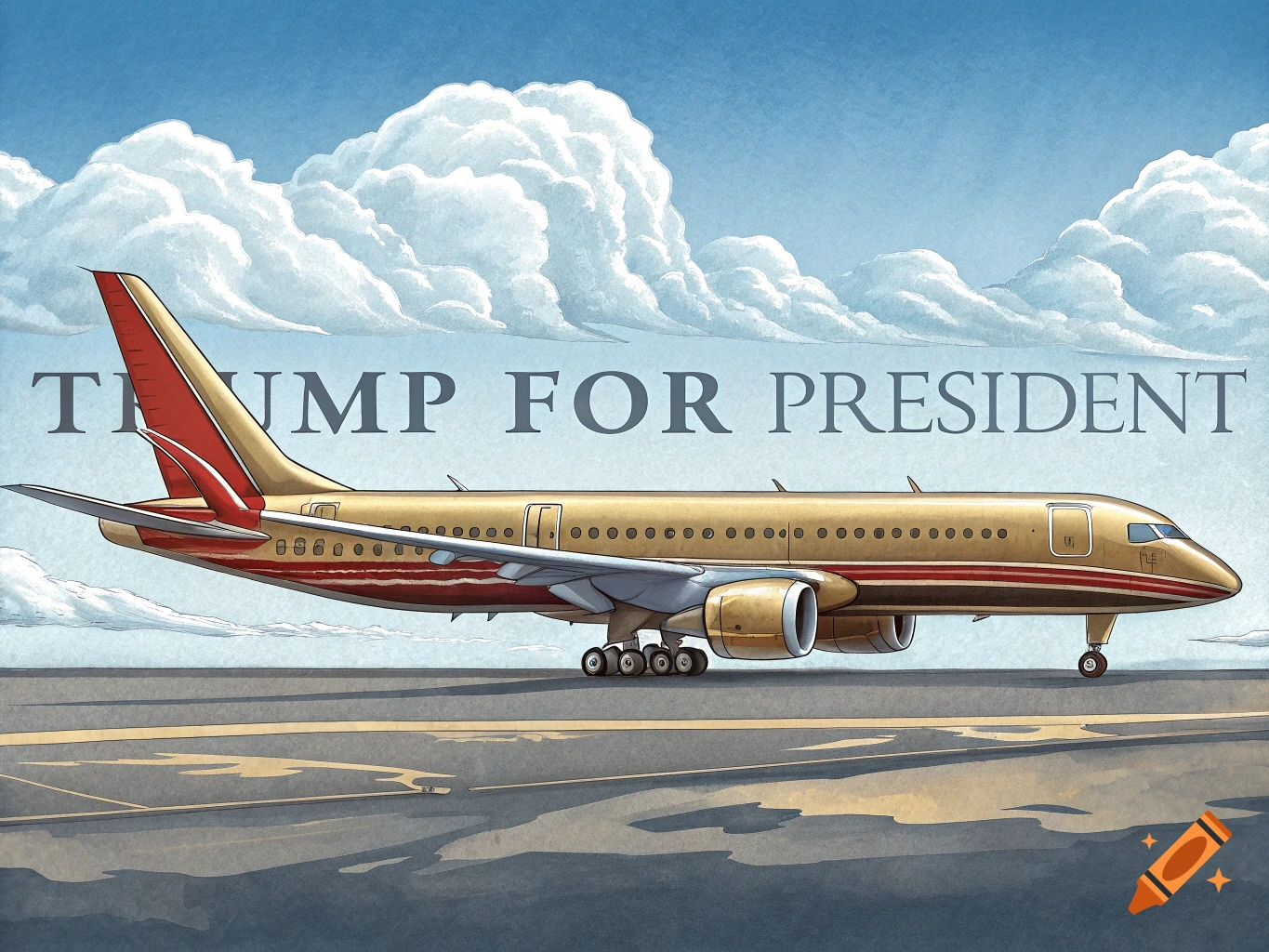 Illustrative image of a gold and red airplane on a runway with 'TRUMP FOR PRESIDENT' text overhead.