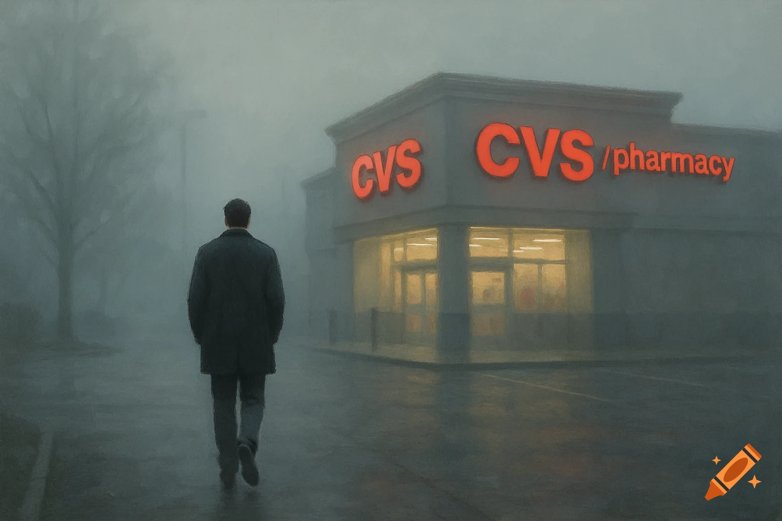 A man walks towards a CVS pharmacy building on a foggy day.