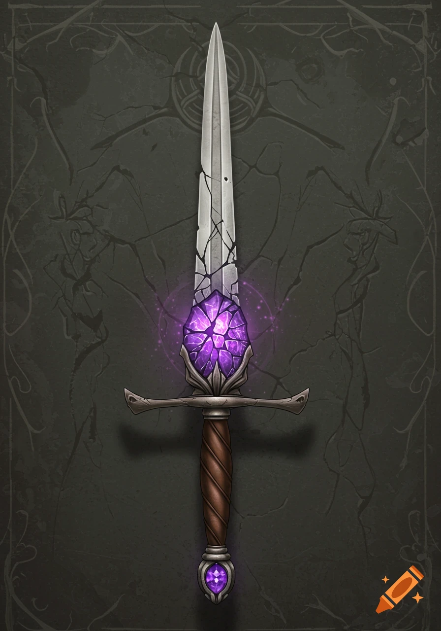 A fantasy sword with a cracked purple gem in the guard and pommel rests against a cracked stone background.