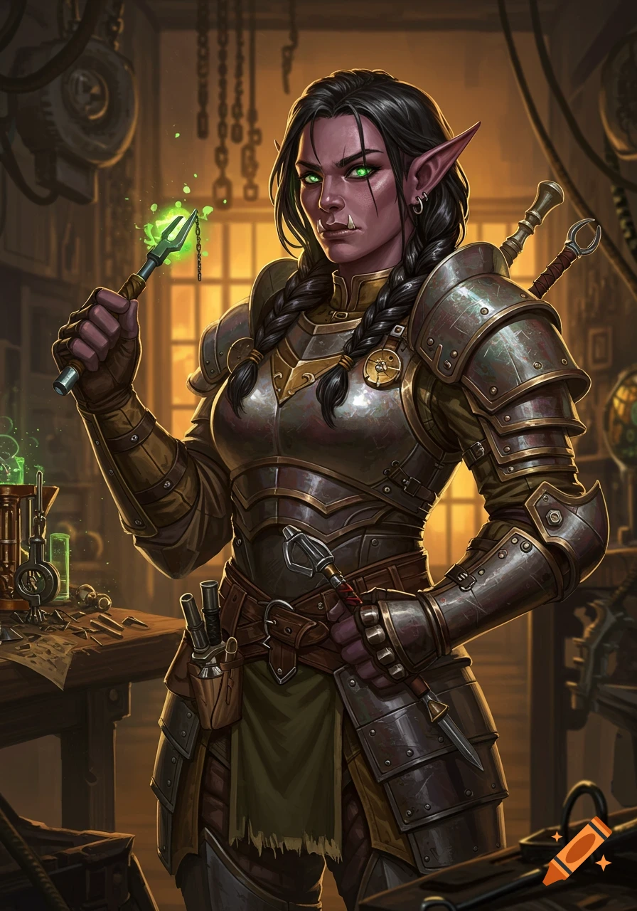A half-elf/orc armorer in a workshop holds a glowing tool.