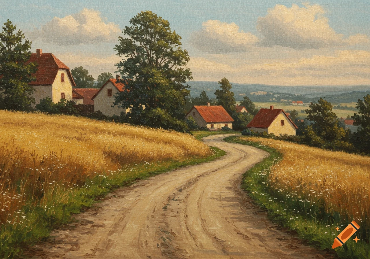 Oil painting of a winding dirt road leading through fields past houses ...