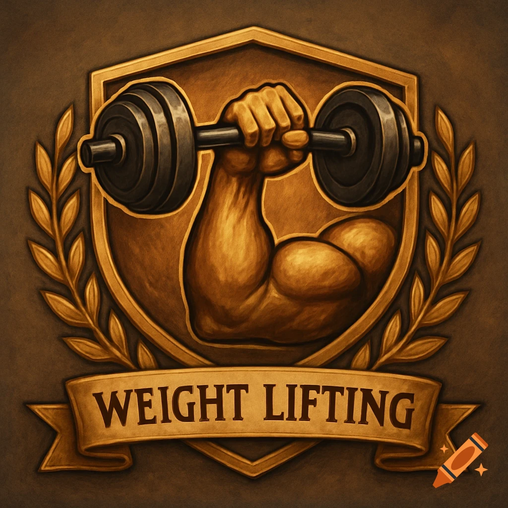 Bronze weight lifting achievement badge with arm holding barbell, laurel branches, and banner reading "WEIGHT LIFTING".