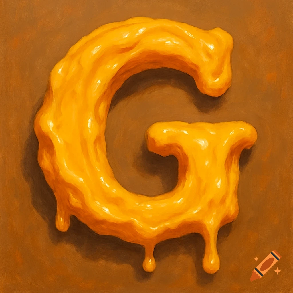 The letter G made of melted nacho cheese on a brown background