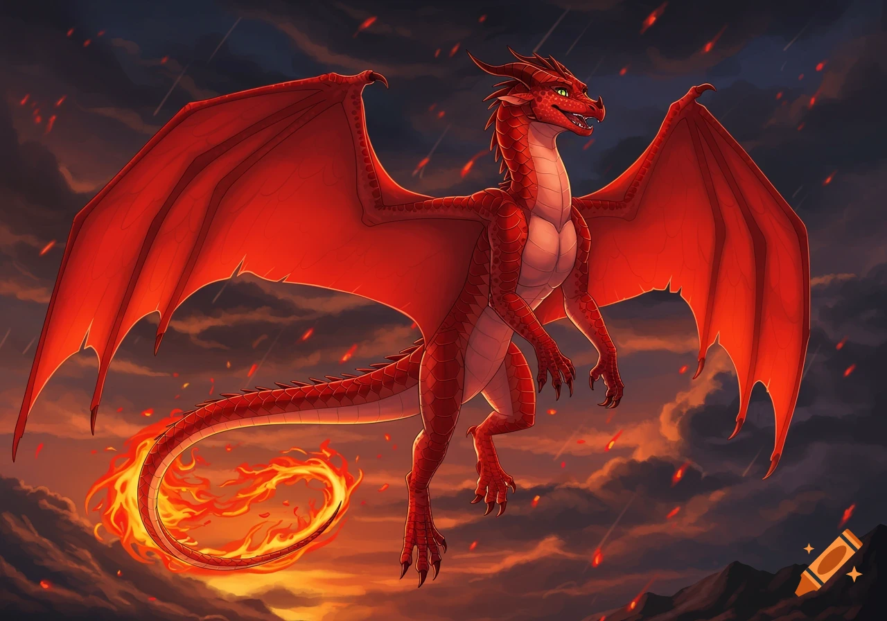 A red dragon flies through a dark, fiery sky with falling meteors, fire ...
