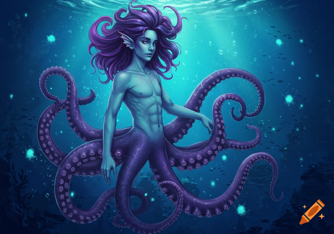 Illustration of a merman-like figure with purple hair and octopus tentacles underwater.