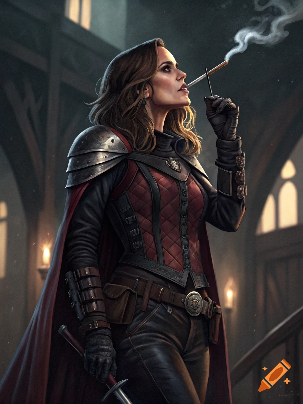 A woman in fantasy armor smokes a cigarette with a holder in a dark building.