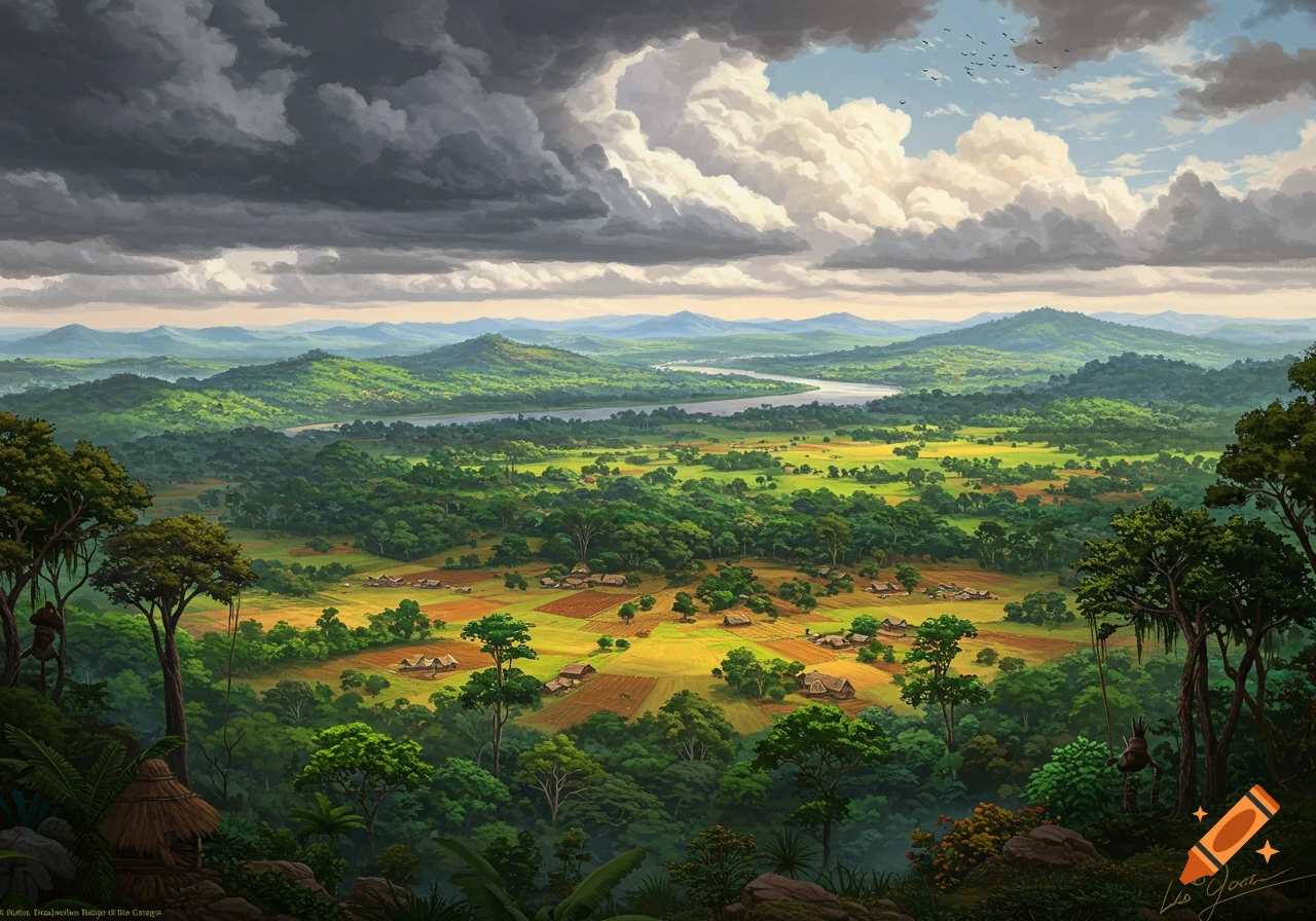 Wide view of a lush tropical valley with a winding river, mountains, forest, fields, and villages under a cloudy sky.