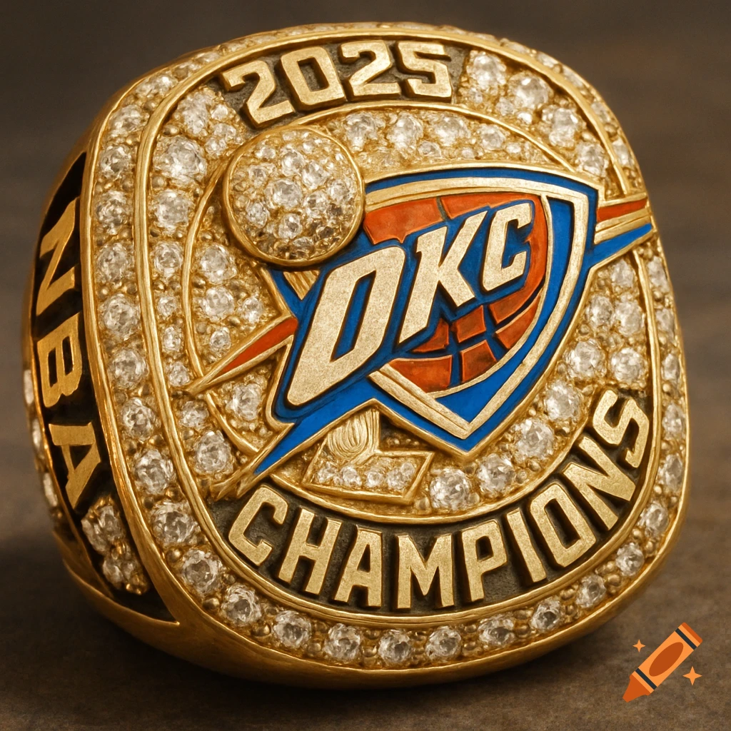 Close-up of a gold and diamond championship ring with '2025