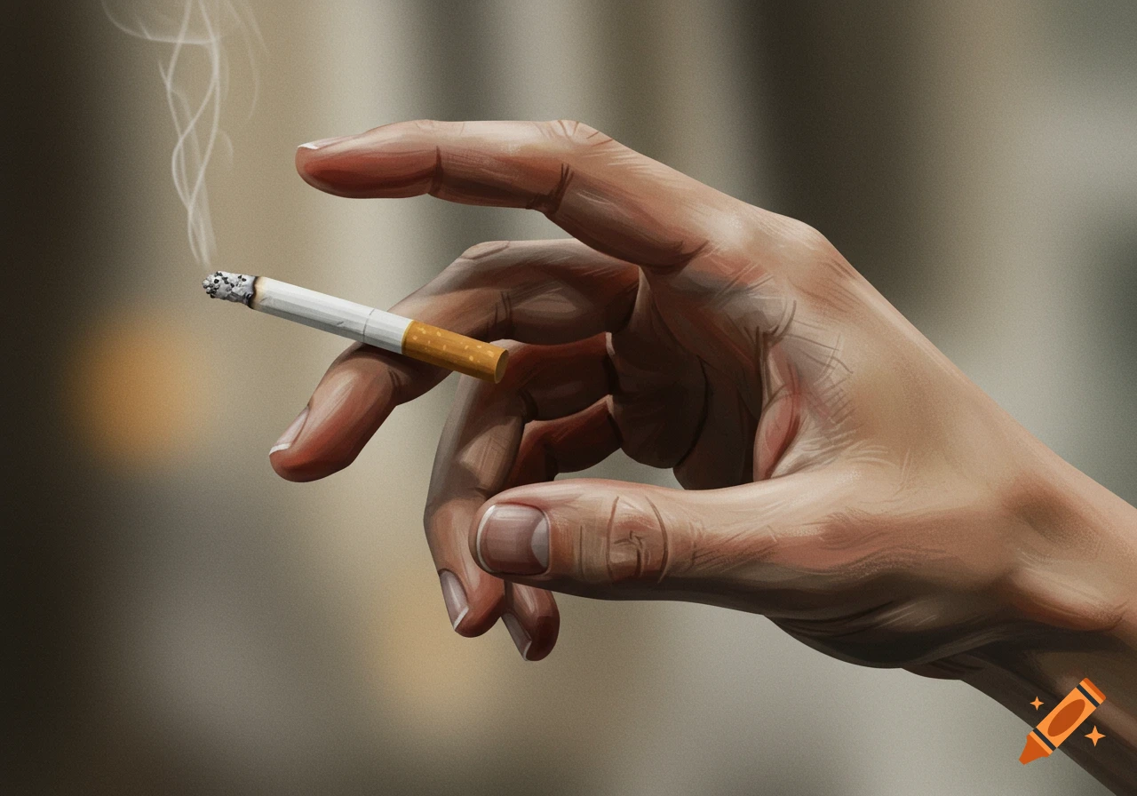 Digital painting of a hand holding a lit cigarette with smoke