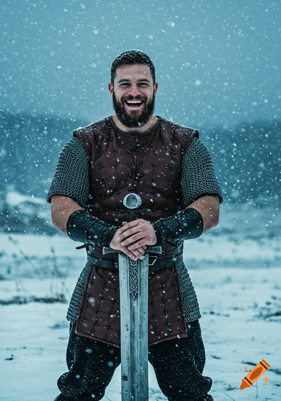 A smiling bearded warrior in armor holds a sword in falling snow, photorealistic style.