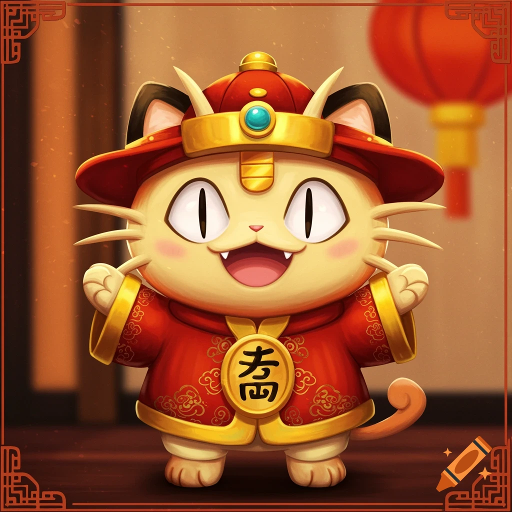 A cute cartoon Meowth character dressed in a red and gold traditional Chinese outfit with a matching hat and medallion.