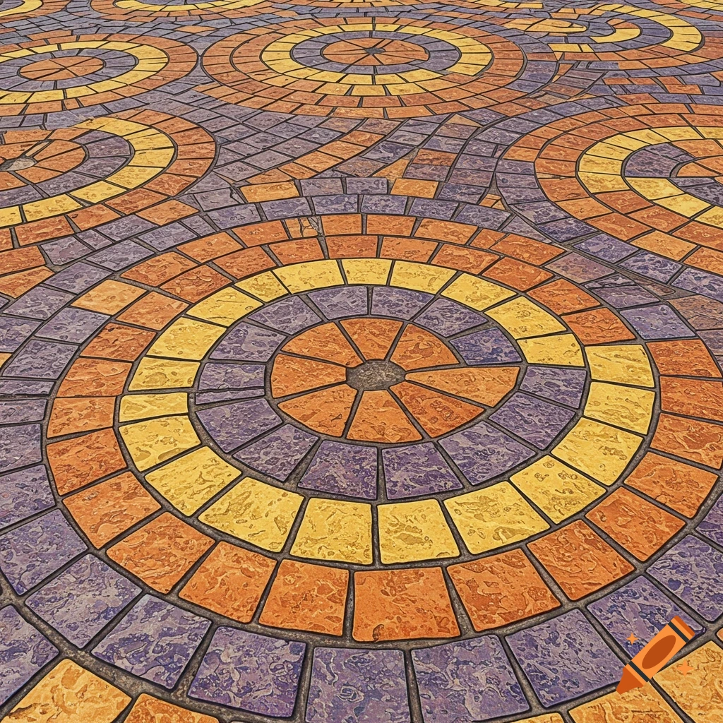 Circular paving stones in orange, yellow, and purple hues.