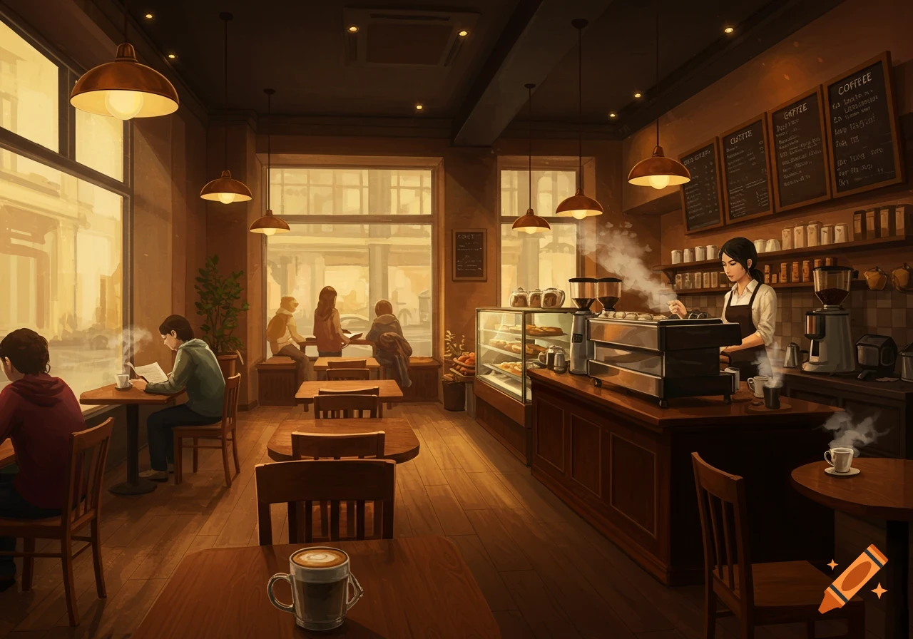 A warmly lit coffee shop interior with customers seated at tables and a barista behind the counter.