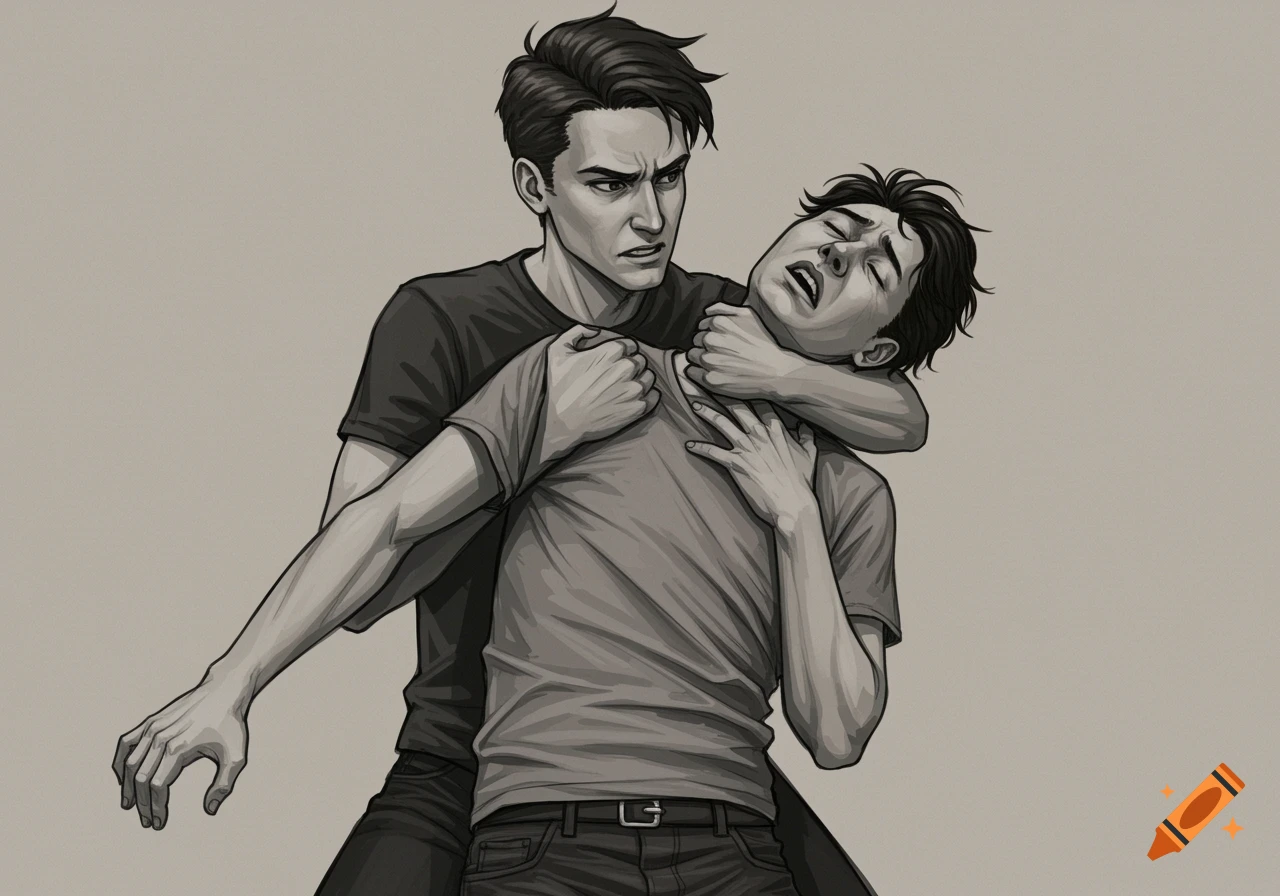 Illustration of one person in a sleeper hold on another in gray-scale.