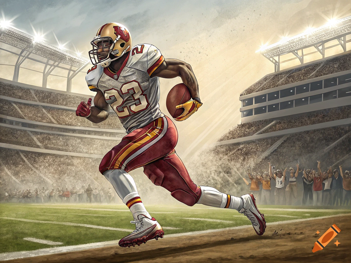 Illustration of a football player wearing number 23 running with the ball in a stadium