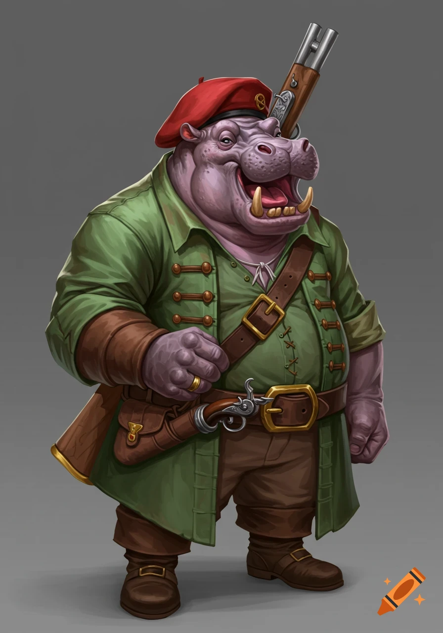 Anthropomorphic hippo character in green shirt and red beret with musket and pistol, smiling.