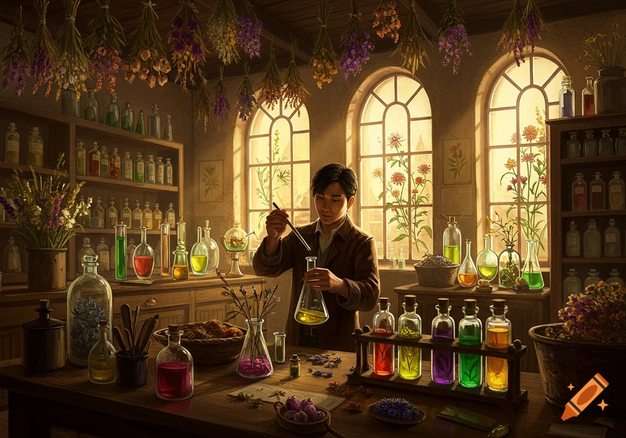 An apothecary works with beakers and plants in a sunlit shop filled with bottles and dried herbs.