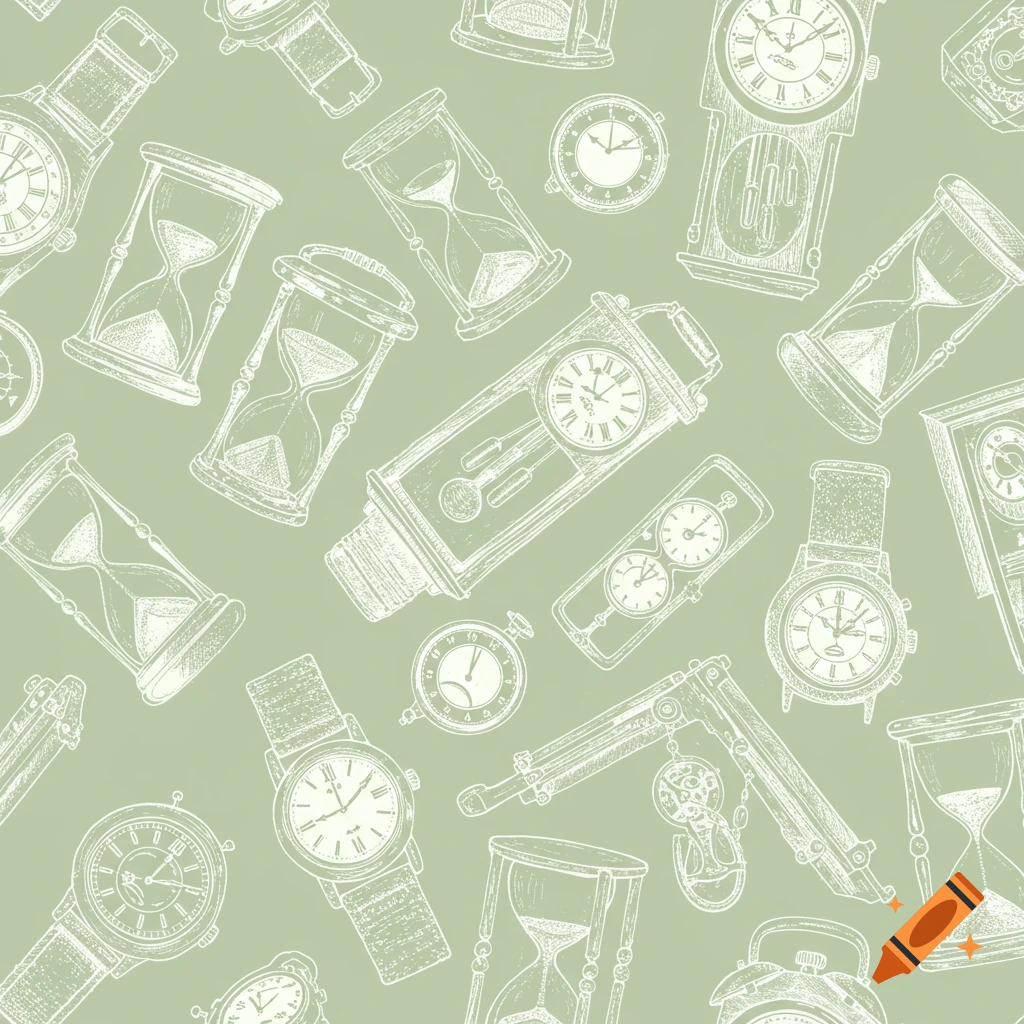A seamless pattern of white sketches of clocks and hourglasses on a sage green background.
