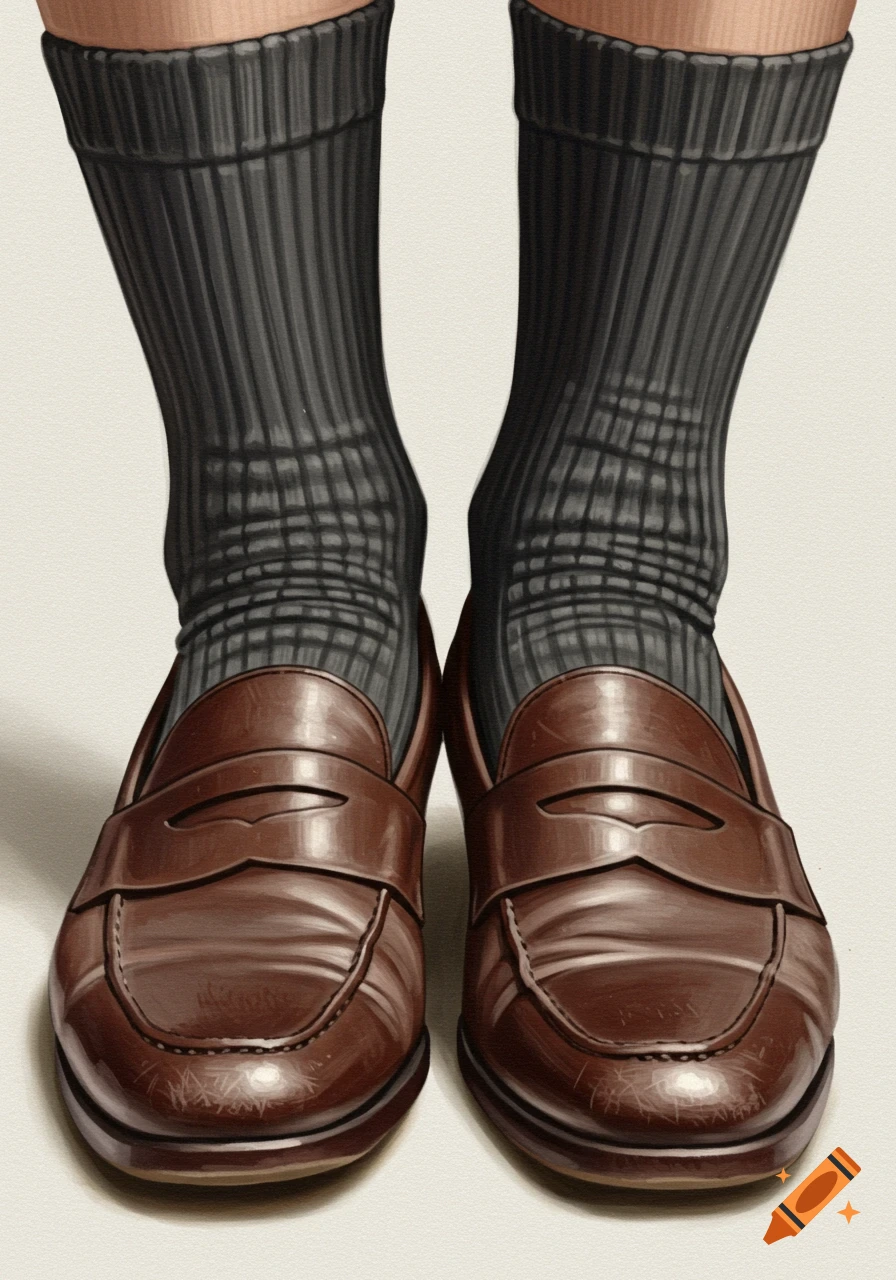 Close-up of feet wearing dark ribbed socks and brown loafers in an illustrative style.