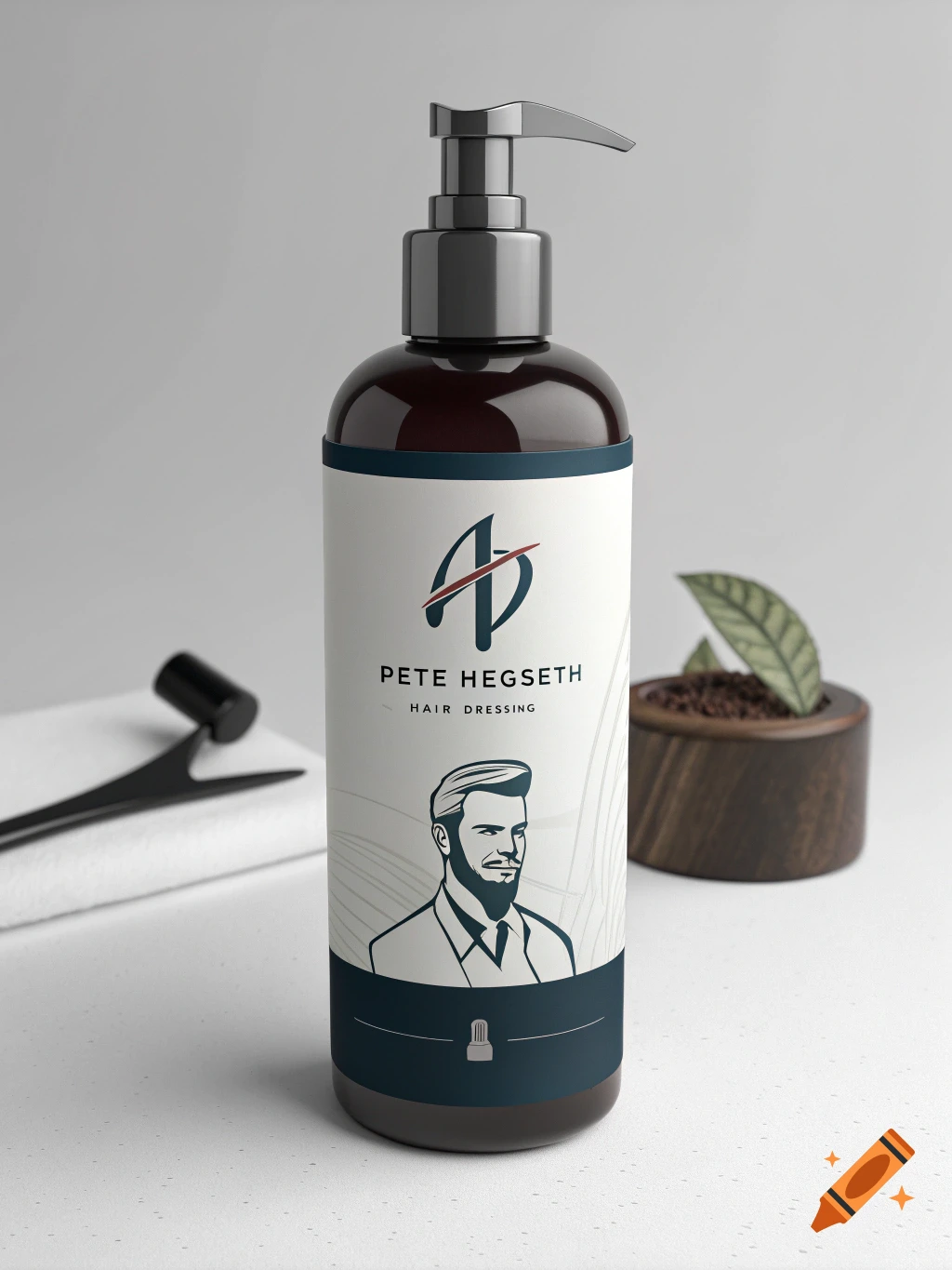 A bottle of Pete Hegseth Hair Dressing on a counter with a plant and grooming tools.