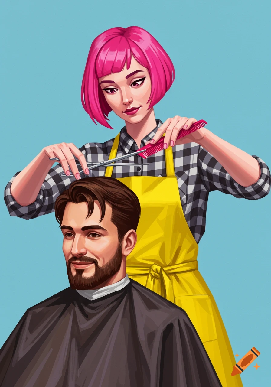 Woman with pink hair cuts a man's hair in an illustration.